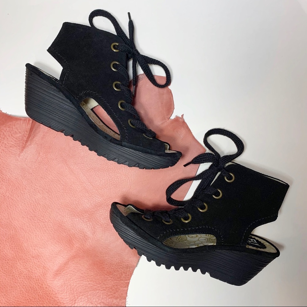 Fly London Yeki Black Suede Lace Up Wedge Sandal